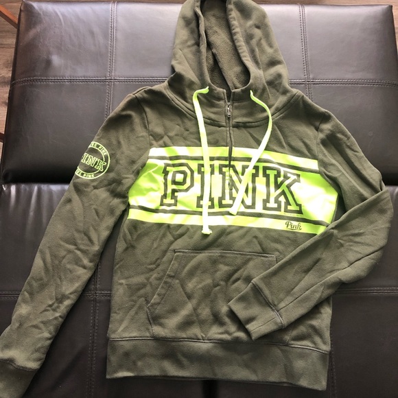 PINK Victoria’s Secret half-zip hoodie. Green and neon yellow. Size XS. - Picture 1 of 5